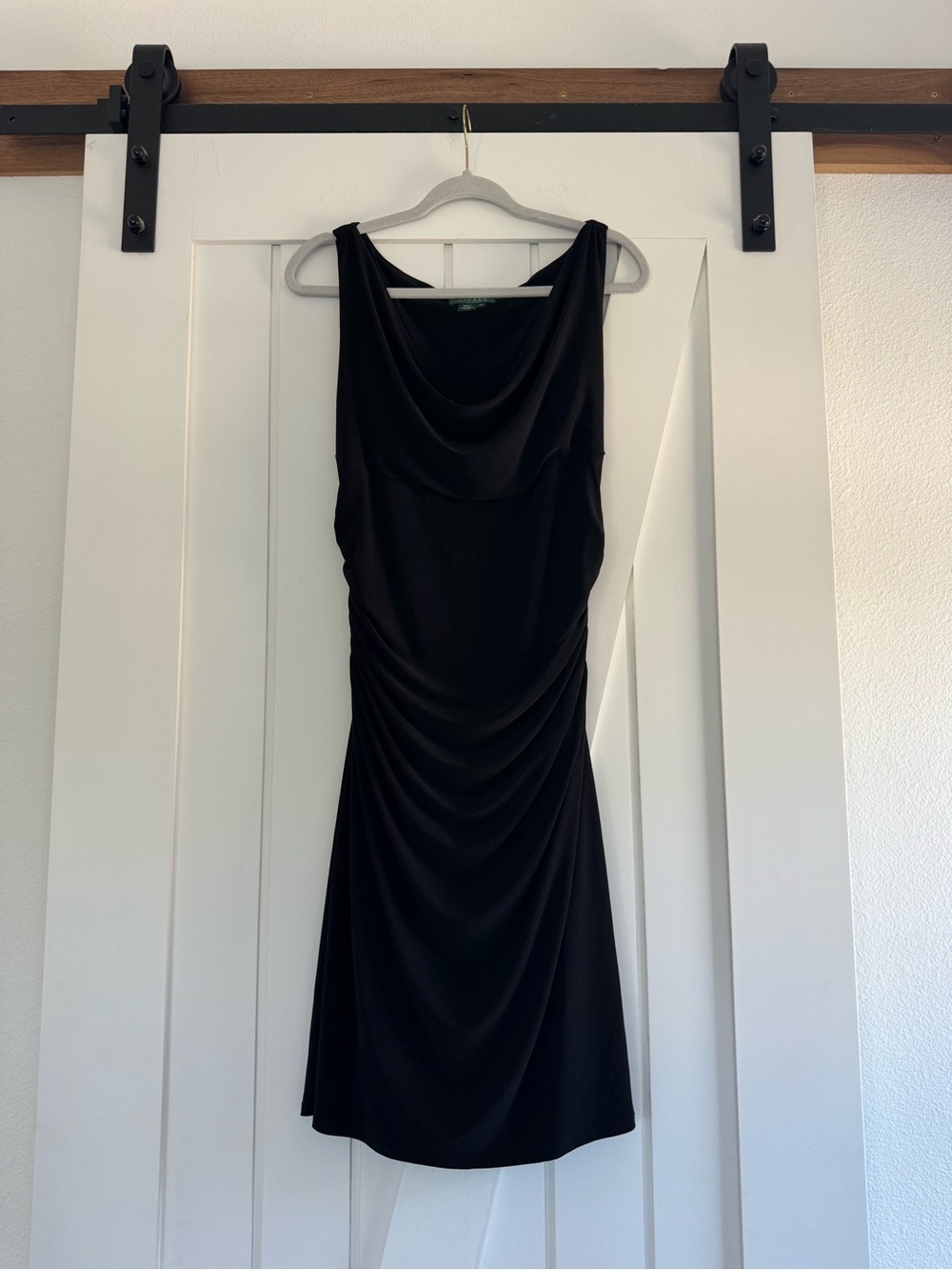 Lauren Ralph Lauren sleeveless black dress w/ drape cowl neckline & side ruching